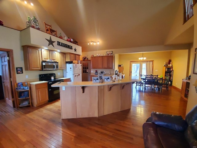 104 E Bryan St, Ewing, MO 63440 - kitchen with black / electric stove, stainless steel microwave, freestanding refrigerator, light countertops, and light wood-style floors