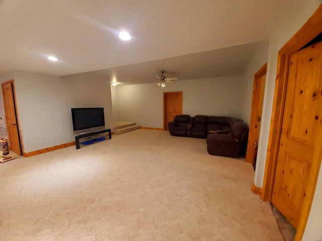 104 E Bryan St, Ewing, MO 63440 - living room featuring light carpet, recessed lighting, baseboards, and a ceiling fan
