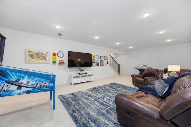 7121 Lost Oak Dr, Edwardsville, IL 62025 - carpeted living area with stairway, recessed lighting, and baseboards