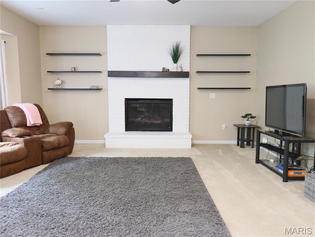 6804 Laurel Springs Ct, Fairview Heights, IL 62208 - living room with light colored carpet, a brick fireplace, and baseboards