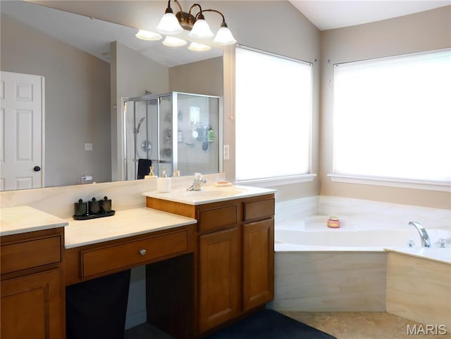 6804 Laurel Springs Ct, Fairview Heights, IL 62208 - bathroom featuring a shower stall, a chandelier, a garden tub, and vanity