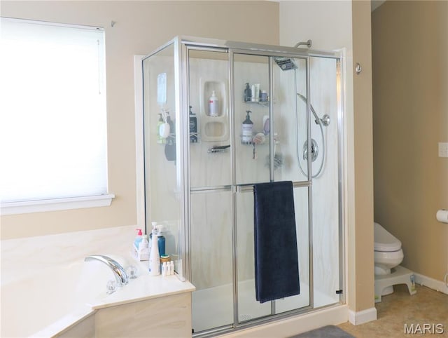 6804 Laurel Springs Ct, Fairview Heights, IL 62208 - bathroom with a shower stall, toilet, a garden tub, and tile patterned flooring