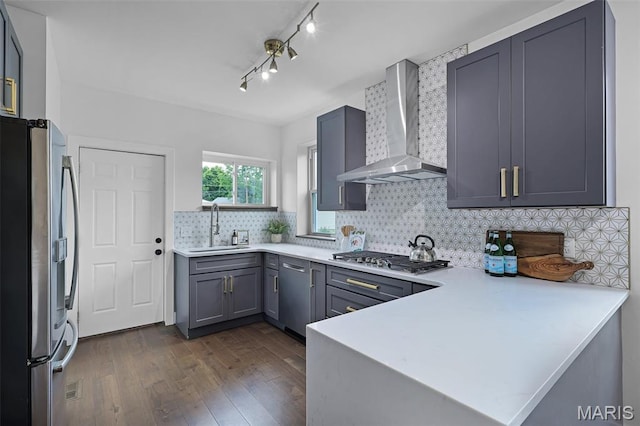1521 Collins Ave, Saint Louis, MO 63117 - kitchen with wall chimney range hood, appliances with stainless steel finishes, a sink, a peninsula, and dark wood-style flooring