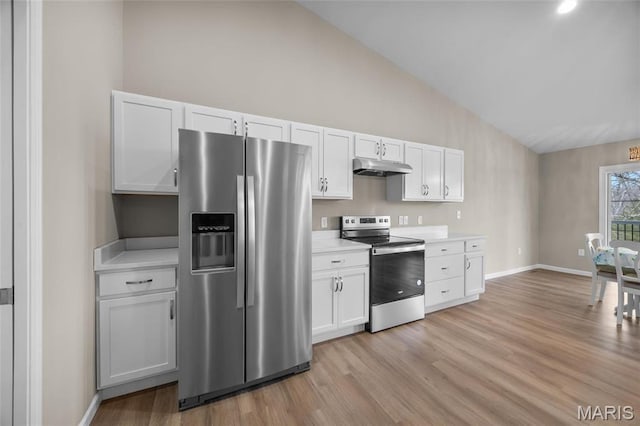 1542 Hickory Lndg, De Soto, MO 63020 - kitchen featuring stainless steel appliances, under cabinet range hood, light countertops, light wood-style flooring, and baseboards