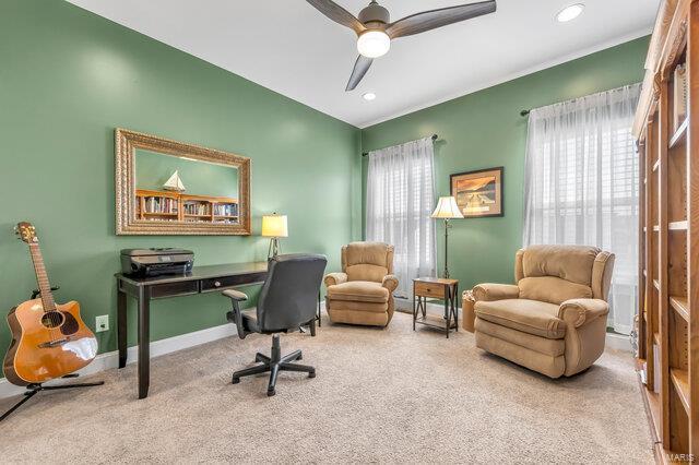 620 Lubbuck Ct, Moscow Mills, MO 63362 - office with carpet, ceiling fan, baseboards, recessed lighting, and ornamental molding