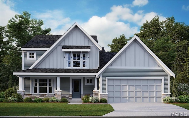 720 Watt Ln, Wentzville, MO 63385 - view of front of house with board and batten siding, driveway, a front lawn, a garage, and stone siding