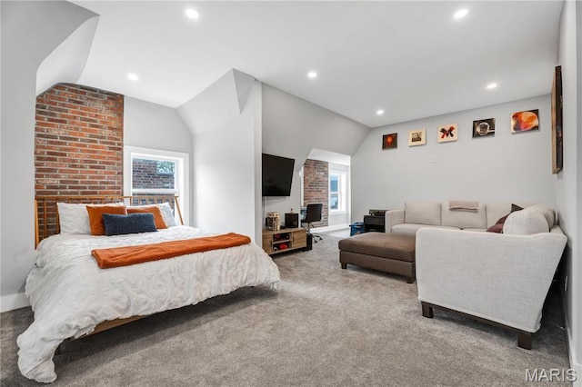 4716 Olive St, Saint Louis, MO 63108 - bedroom with vaulted ceiling, carpet flooring, multiple windows, and recessed lighting
