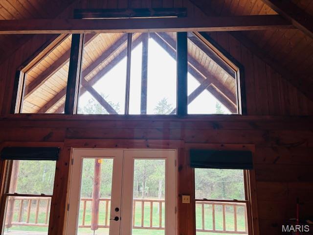 19125 County Road 1220, St James, MO 65559 - detailed view of wood walls, french doors, wood ceiling, and beamed ceiling