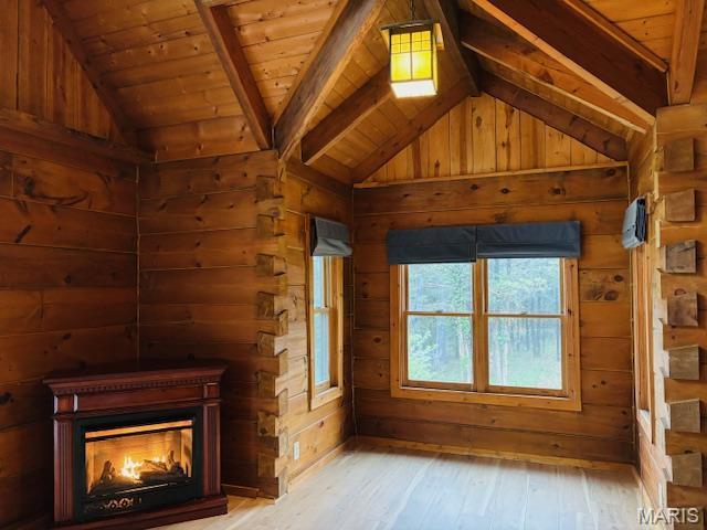 19125 County Road 1220, St James, MO 65559 - unfurnished living room with light wood-style flooring, wood walls, wood ceiling, and a glass covered fireplace