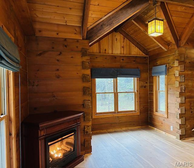 19125 County Road 1220, St James, MO 65559 - unfurnished living room featuring wood ceiling, light wood finished floors, wood walls, and a glass covered fireplace