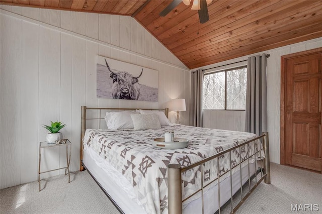 628 W St Gallen Dr, Innsbrook, MO 63390 - carpeted bedroom featuring wood ceiling, lofted ceiling, wooden walls, and a ceiling fan