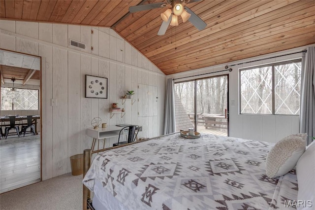 628 W St Gallen Dr, Innsbrook, MO 63390 - bedroom with lofted ceiling, wooden ceiling, multiple windows, access to outside, and wood walls