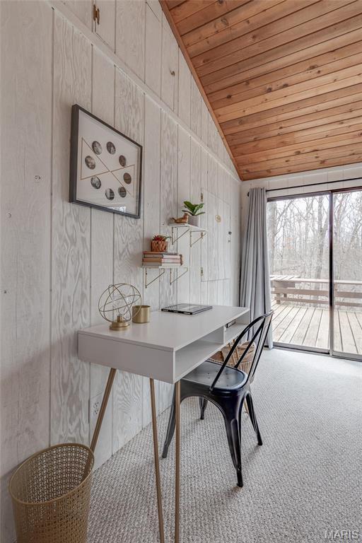 628 W St Gallen Dr, Innsbrook, MO 63390 - carpeted office featuring wooden ceiling, vaulted ceiling, and wood walls
