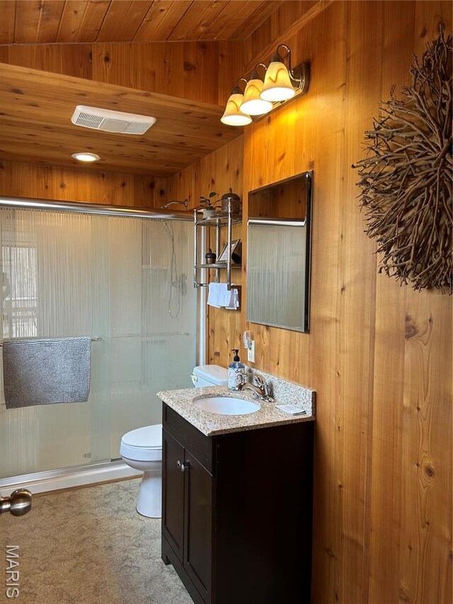 628 W St Gallen Dr, Innsbrook, MO 63390 - full bath with a stall shower, vanity, wood walls, wood ceiling, and toilet