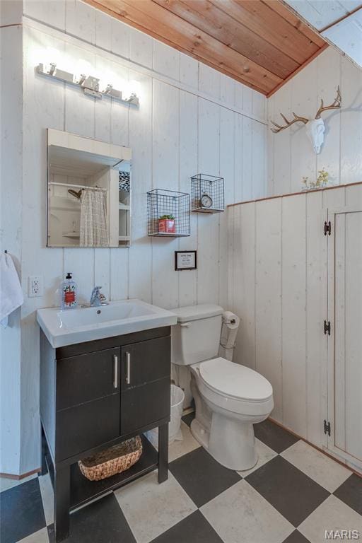 628 W St Gallen Dr, Innsbrook, MO 63390 - bathroom featuring tile patterned floors, toilet, vanity, curtained shower, and wooden ceiling