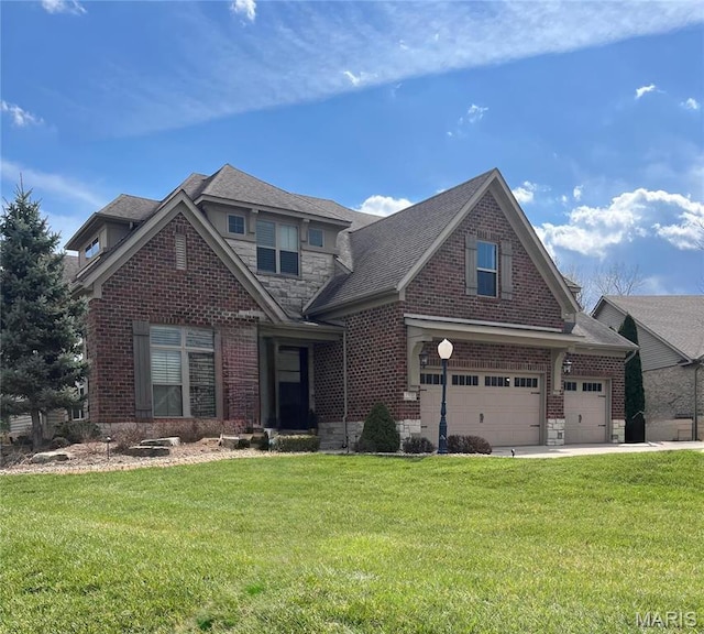 7032 Koufax Ct, Edwardsville, IL 62025 - view of front of home featuring brick siding, a front yard, a garage, concrete driveway, and stone siding
