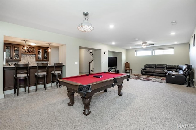 7032 Koufax Ct, Edwardsville, IL 62025 - game room featuring wet bar, pool table, recessed lighting, a ceiling fan, and carpet flooring