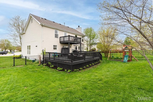 6833 Brandywine Ct, Fairview Heights, IL 62208 - rear view of property with a chimney, a playground, a deck, and a balcony