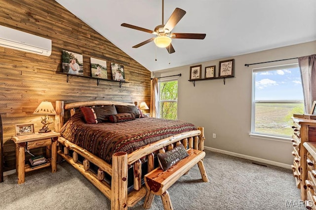 6833 Brandywine Ct, Fairview Heights, IL 62208 - carpeted bedroom with a wall unit AC, wooden walls, vaulted ceiling, baseboards, and a ceiling fan