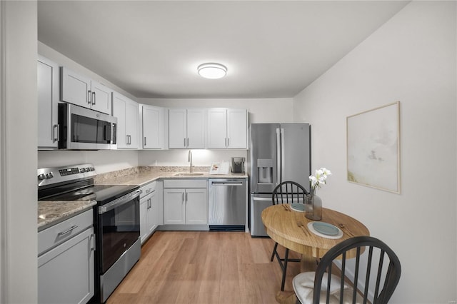 7600 Triwoods Dr Unit G, Saint Louis, MO 63119 - kitchen featuring stainless steel appliances, a sink, light wood-style flooring, and white cabinets