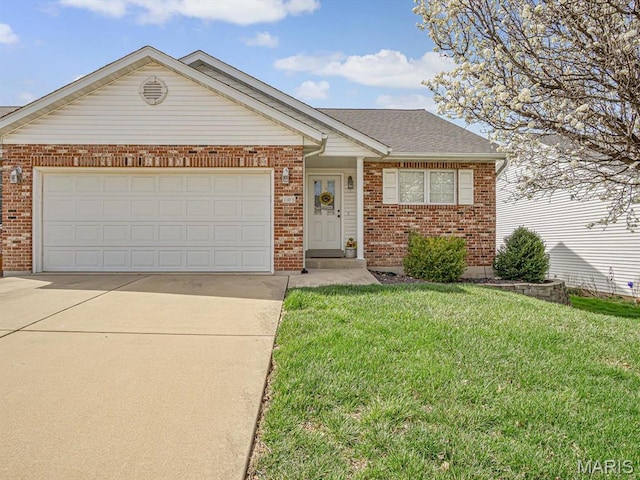 105 Megan Ct, Valmeyer, IL 62295 - single story home with brick siding, concrete driveway, a garage, a front yard, and roof with shingles