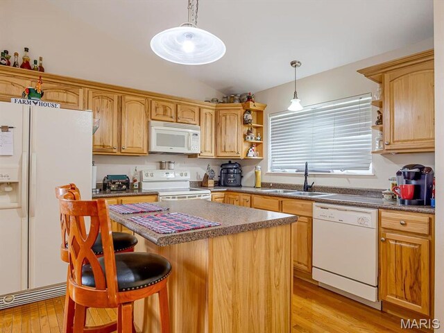 105 Megan Ct, Valmeyer, IL 62295 - kitchen with white appliances, a sink, open shelves, lofted ceiling, and a center island