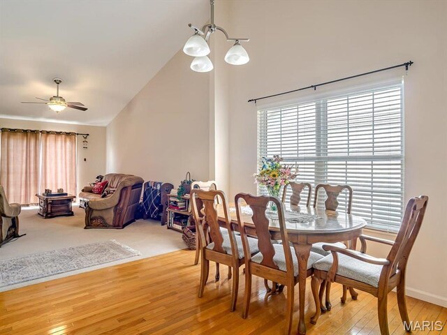 105 Megan Ct, Valmeyer, IL 62295 - dining area with ceiling fan, lofted ceiling, and light wood-type flooring