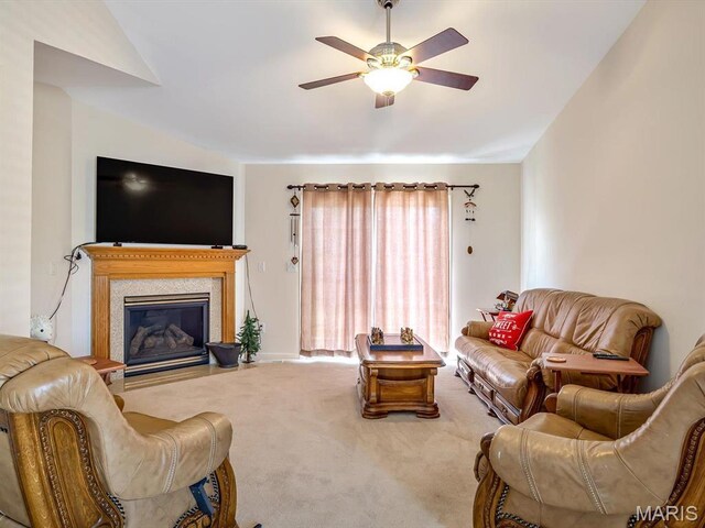 105 Megan Ct, Valmeyer, IL 62295 - carpeted living room featuring ceiling fan and a fireplace with flush hearth