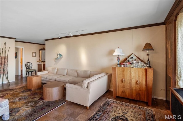4466 W Pine Blvd Unit 15C, Saint Louis, MO 63108 - living area with crown molding, rail lighting, and baseboards