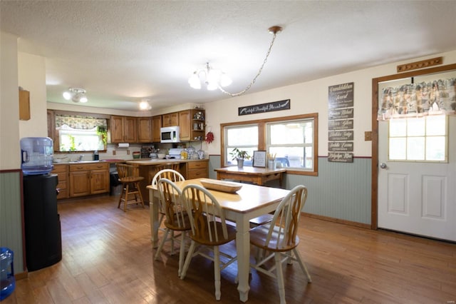 dining space featuring wainscoting, wood finished floors, a chandelier, and baseboards