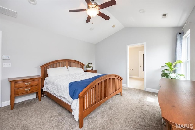 bedroom featuring vaulted ceiling, carpet flooring, a ceiling fan, and baseboards