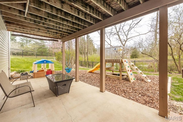 view of patio / terrace featuring a playground
