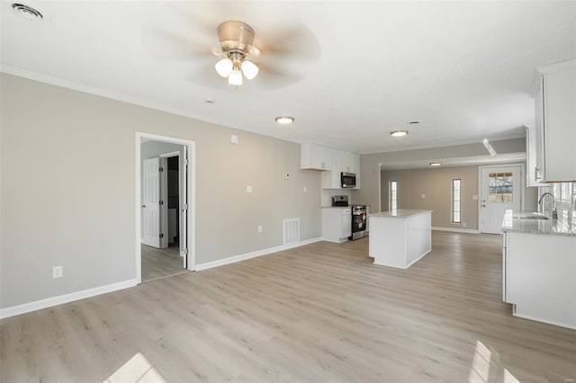 1107 Hickory St, Poplar Bluff, MO 63901 - kitchen featuring appliances with stainless steel finishes, a sink, a ceiling fan, crown molding, and white cabinets