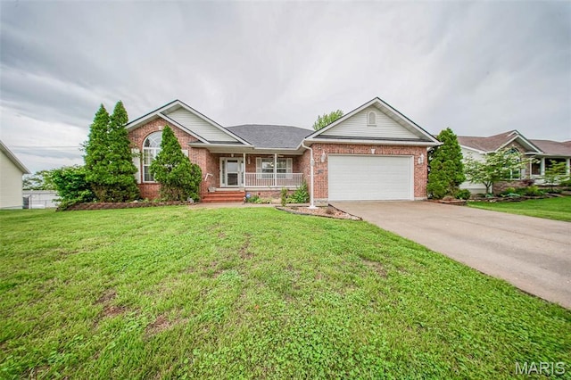 1106 Grandsir Ave, Rolla, MO 65401 - ranch-style house with an attached garage, brick siding, a porch, concrete driveway, and a front lawn