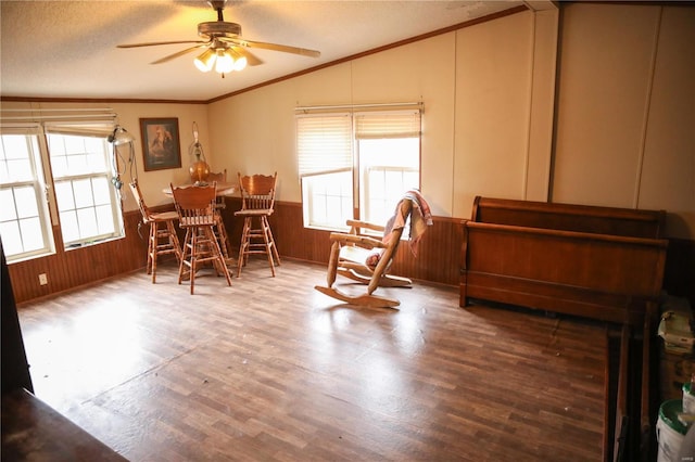 25125 Ash Dr, Grovespring, MO 65662 - dining space with vaulted ceiling, plenty of natural light, ceiling fan, wainscoting, and a textured ceiling