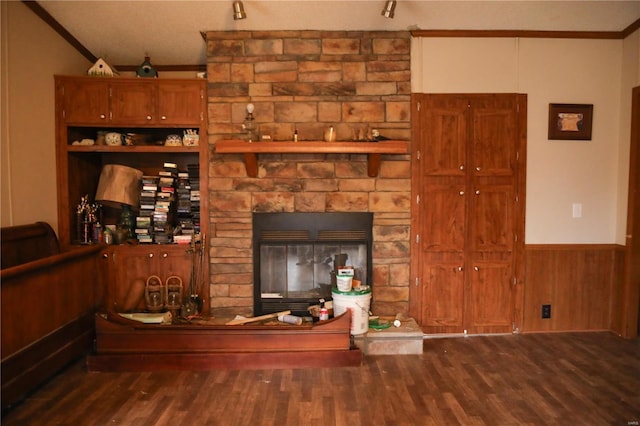 25125 Ash Dr, Grovespring, MO 65662 - living area with wood finished floors, crown molding, a fireplace, and a wainscoted wall
