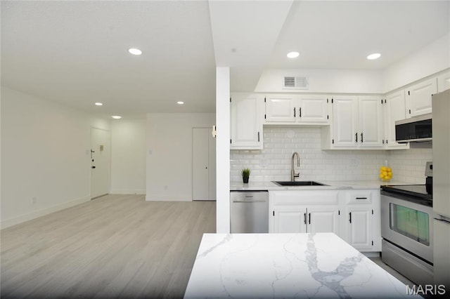 1680 Herault Pl Unit F, Saint Louis, MO 63125 - kitchen featuring appliances with stainless steel finishes, a sink, light wood-style flooring, tasteful backsplash, and white cabinetry