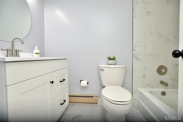 1680 Herault Pl Unit F, Saint Louis, MO 63125 - bathroom featuring a baseboard heating unit, marble look tiles, vanity, toilet, and bathing tub / shower combination