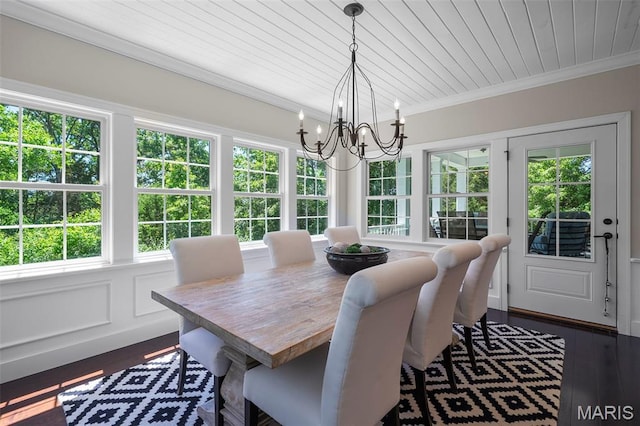 1178 Turnberry Dr, Innsbrook, MO 63390 - dining space with a chandelier, wood ceiling, ornamental molding, and dark wood-style flooring