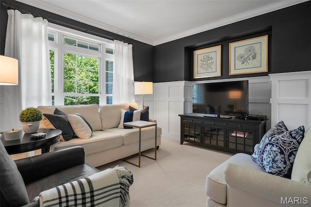 1178 Turnberry Dr, Innsbrook, MO 63390 - living area with a decorative wall, ornamental molding, carpet, and wainscoting