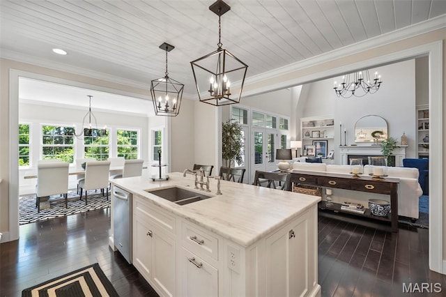 1178 Turnberry Dr, Innsbrook, MO 63390 - kitchen featuring a chandelier, a sink, dishwasher, crown molding, and dark wood-type flooring