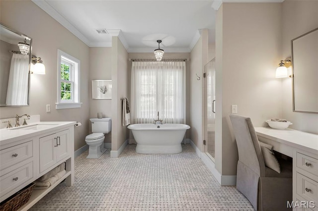 1178 Turnberry Dr, Innsbrook, MO 63390 - bathroom with vanity, a shower stall, a freestanding tub, ornamental molding, and toilet