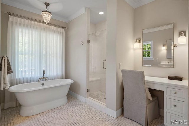 1178 Turnberry Dr, Innsbrook, MO 63390 - bathroom with a stall shower, a freestanding bath, vanity, baseboards, and crown molding