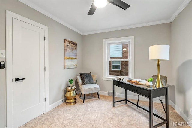 83 Chafford Woods, Saint Louis, MO 63144 - office area featuring light carpet, ornamental molding, and ceiling fan
