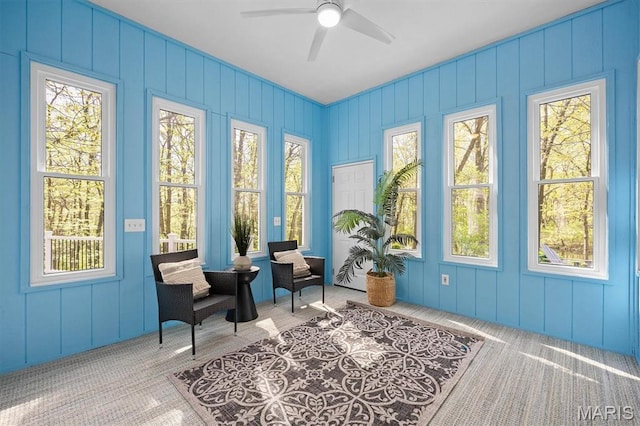 living area featuring carpet flooring and a ceiling fan