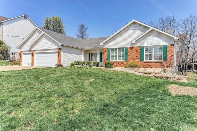 13463 Keller Ridge Cv, Saint Louis, MO 63128 - ranch-style home with brick siding, an attached garage, a front yard, and concrete driveway
