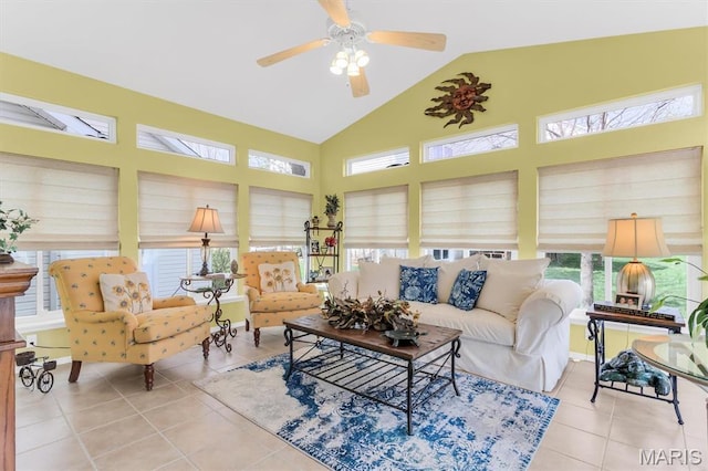 13463 Keller Ridge Cv, Saint Louis, MO 63128 - tiled living room featuring high vaulted ceiling and a ceiling fan