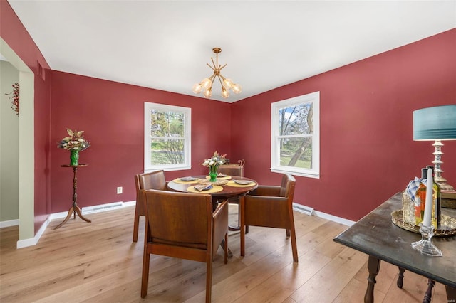 1300 Hudson Rd, Saint Louis, MO 63135 - dining room featuring a chandelier, baseboards, light wood-style floors, and plenty of natural light