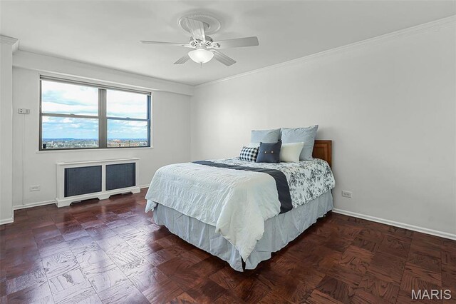 4466 W Pine Blvd Unit 23C, Saint Louis, MO 63108 - bedroom featuring radiator heating unit, baseboards, a ceiling fan, and crown molding