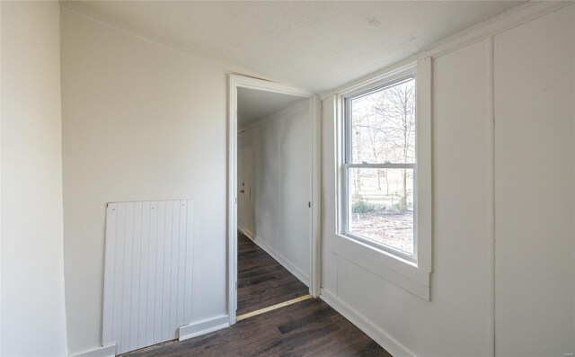 223 Warren St, Sullivan, MO 63080 - unfurnished room with radiator, lofted ceiling, dark wood-type flooring, and baseboards